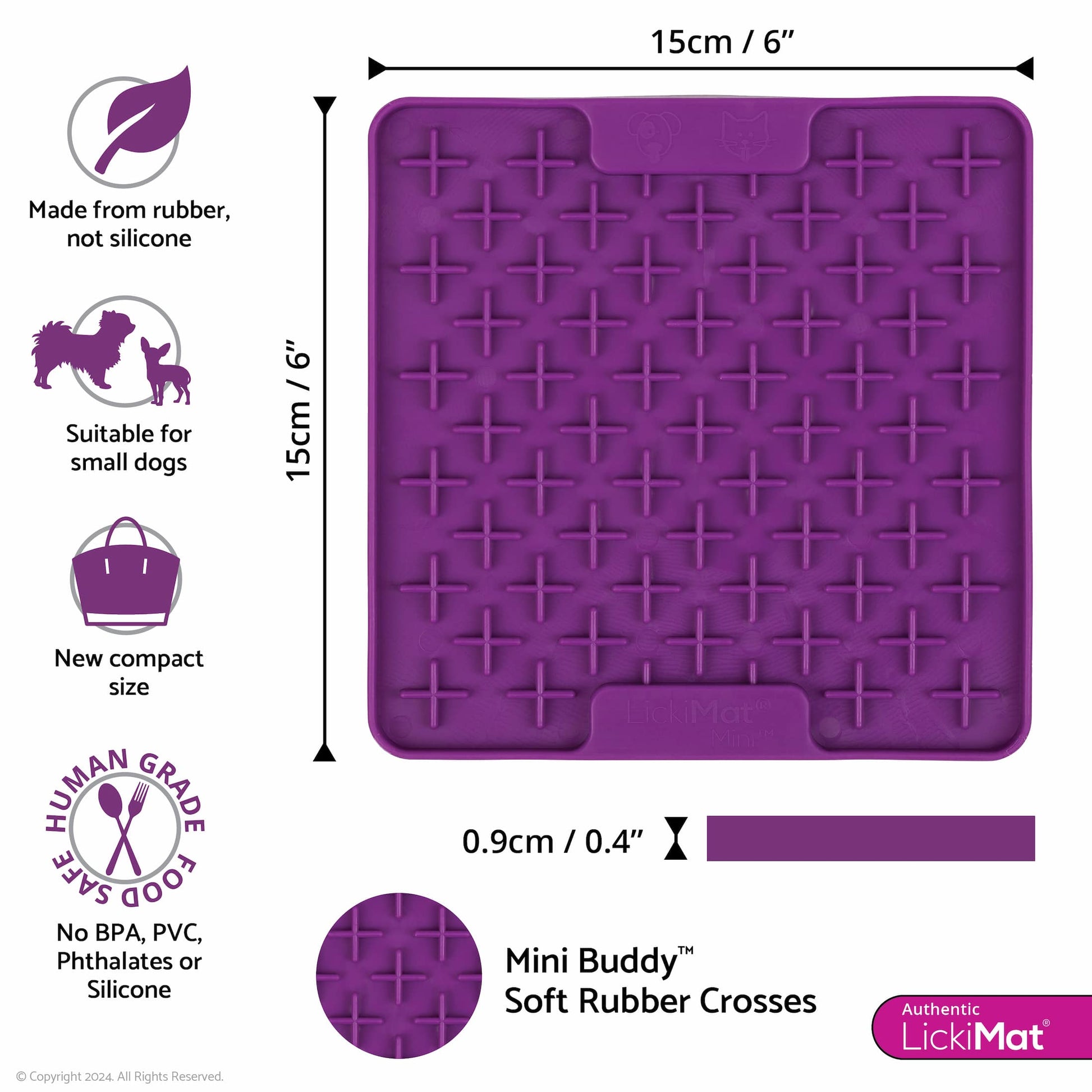 Purple LickiMat® Mini Classic Buddy™ – Slow Feeder Lick Mat for Small Dogs (measurements) on white background