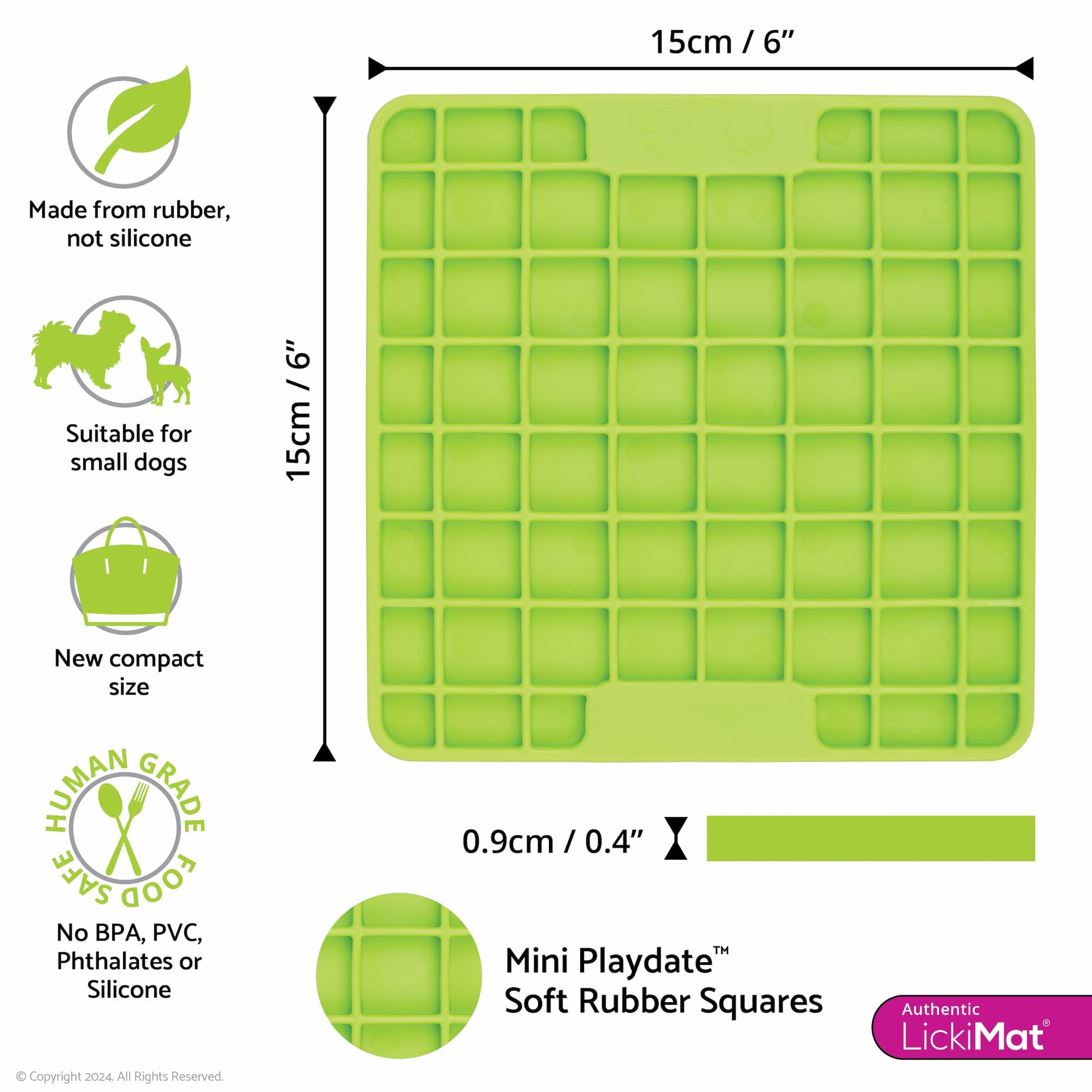 Green LickiMat® Mini Classic Playdate™ – Slow Feeder Lick Mat for Small Dogs (measurements) on white background