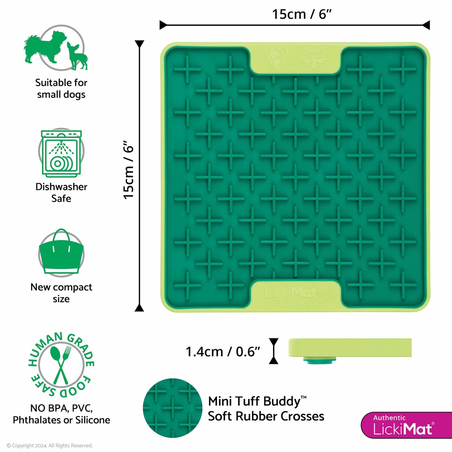 Green LickiMat® Mini Tuff Buddy™ – Slow Feeder Lick Mat for Small Dogs (measurements) on white background