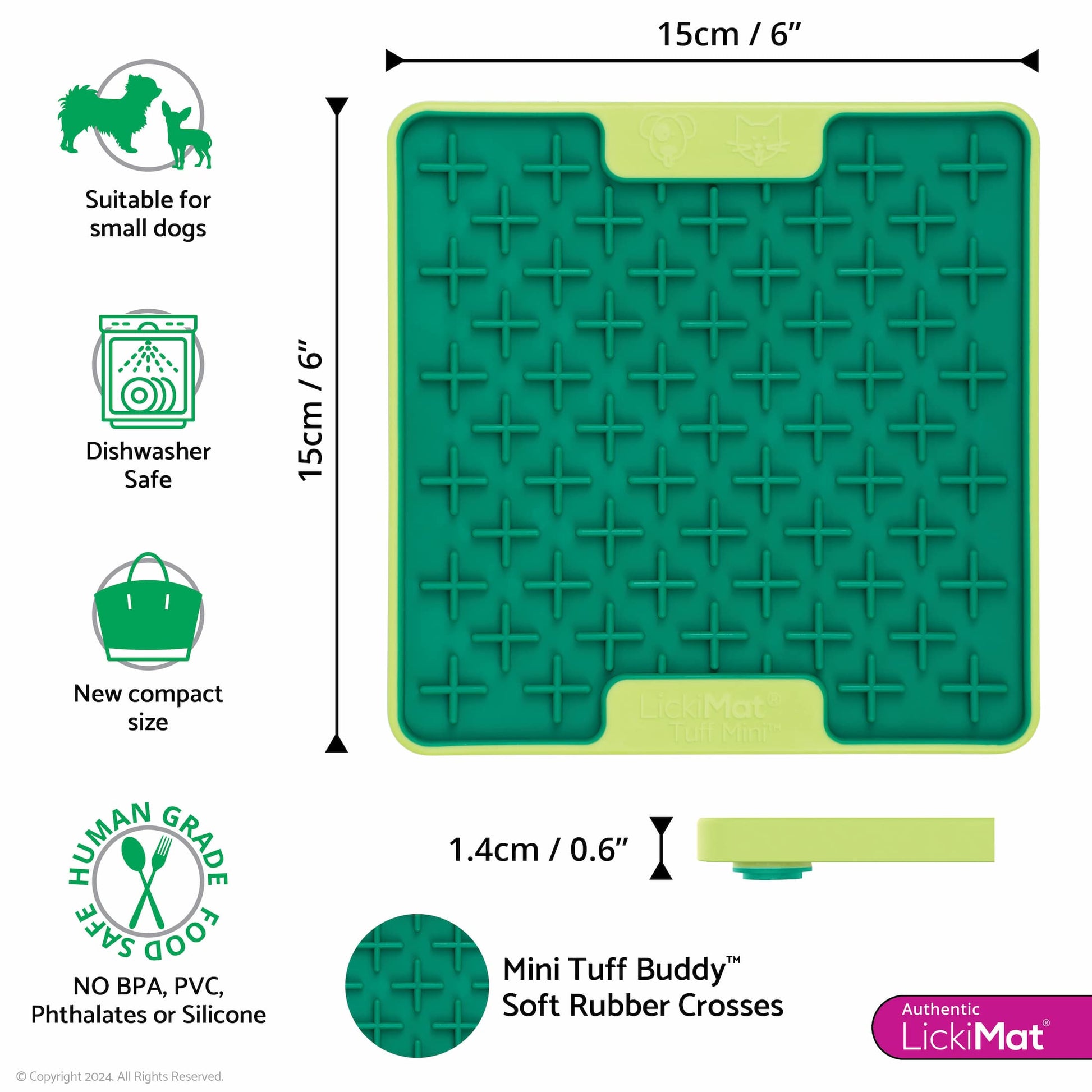 Green LickiMat® Mini Tuff Buddy™ – Slow Feeder Lick Mat for Small Dogs (measurements) on white background