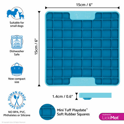 Turquoise LickiMat® Mini Tuff Playdate™ – Slow Feeder Lick Mat for Small Dogs (measurements) on white background