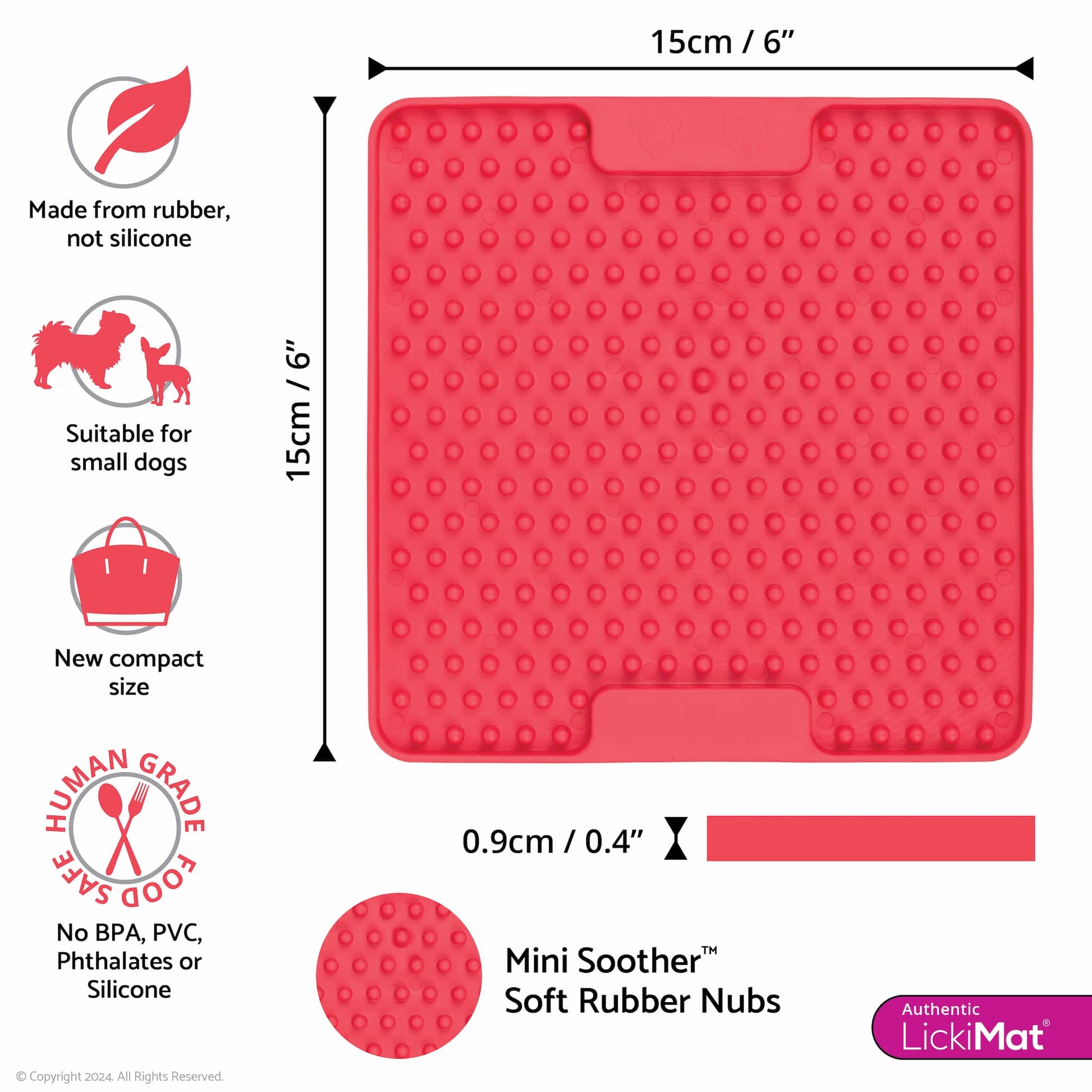 Pink LickiMat® Mini Classic Soother™ – Slow Feeder Lick Mat for Small Dogs (measurements) on white background