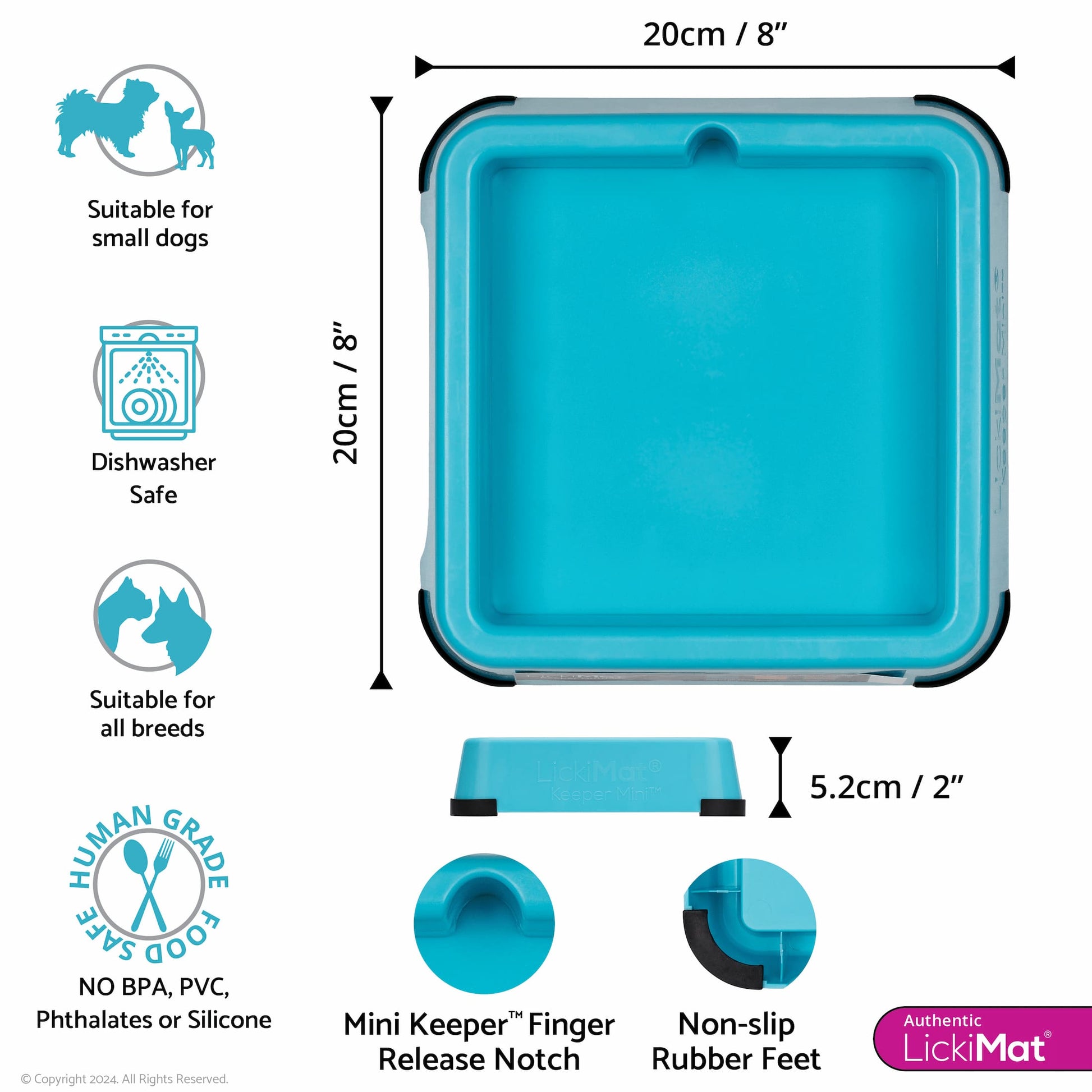 Turquoise LickiMat® Mini Keeper™ – Non-Slip Holder & dog bowl for LickiMats® (side) on white background
