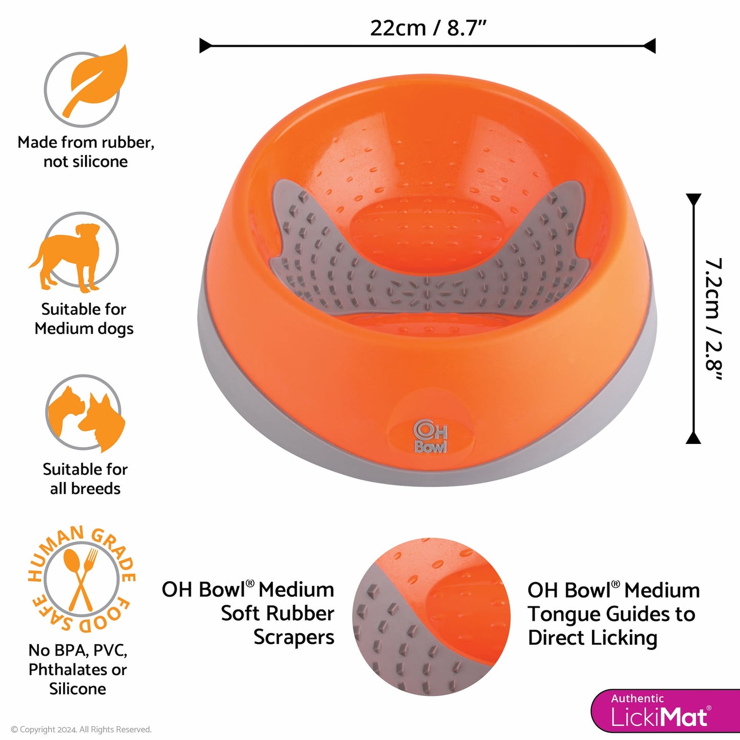 Orange LickiMat® OH Bowl™ Medium – Oral Health Slow Feeder Dog Bowl (measurements) on white background