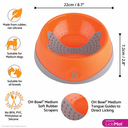 Orange LickiMat® OH Bowl™ Medium – Oral Health Slow Feeder Dog Bowl (measurements) on white background