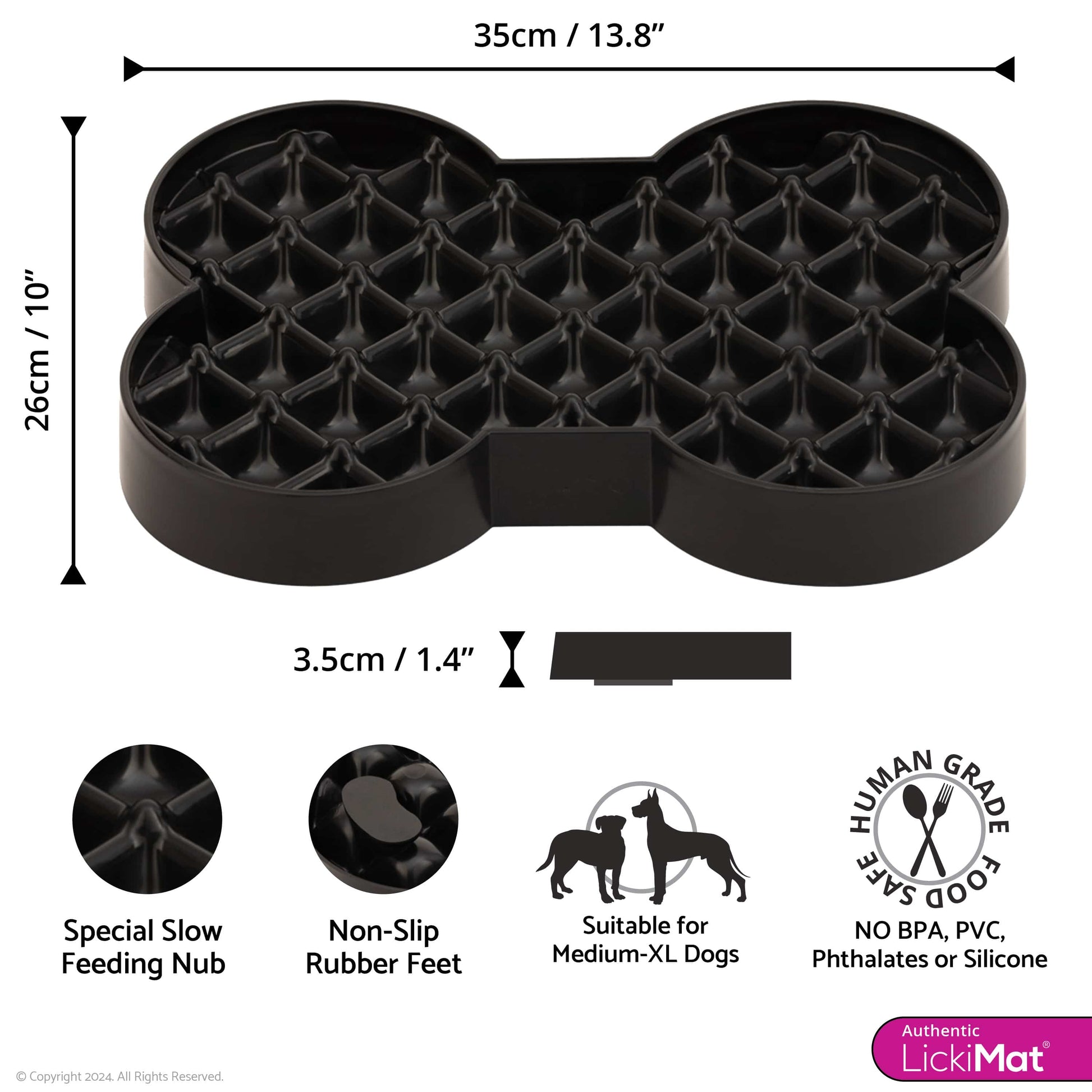 Black LickiMat® Slodog™ – Innovative Slow Feeder for Dogs, Anti-Gulp (measurements) on white background