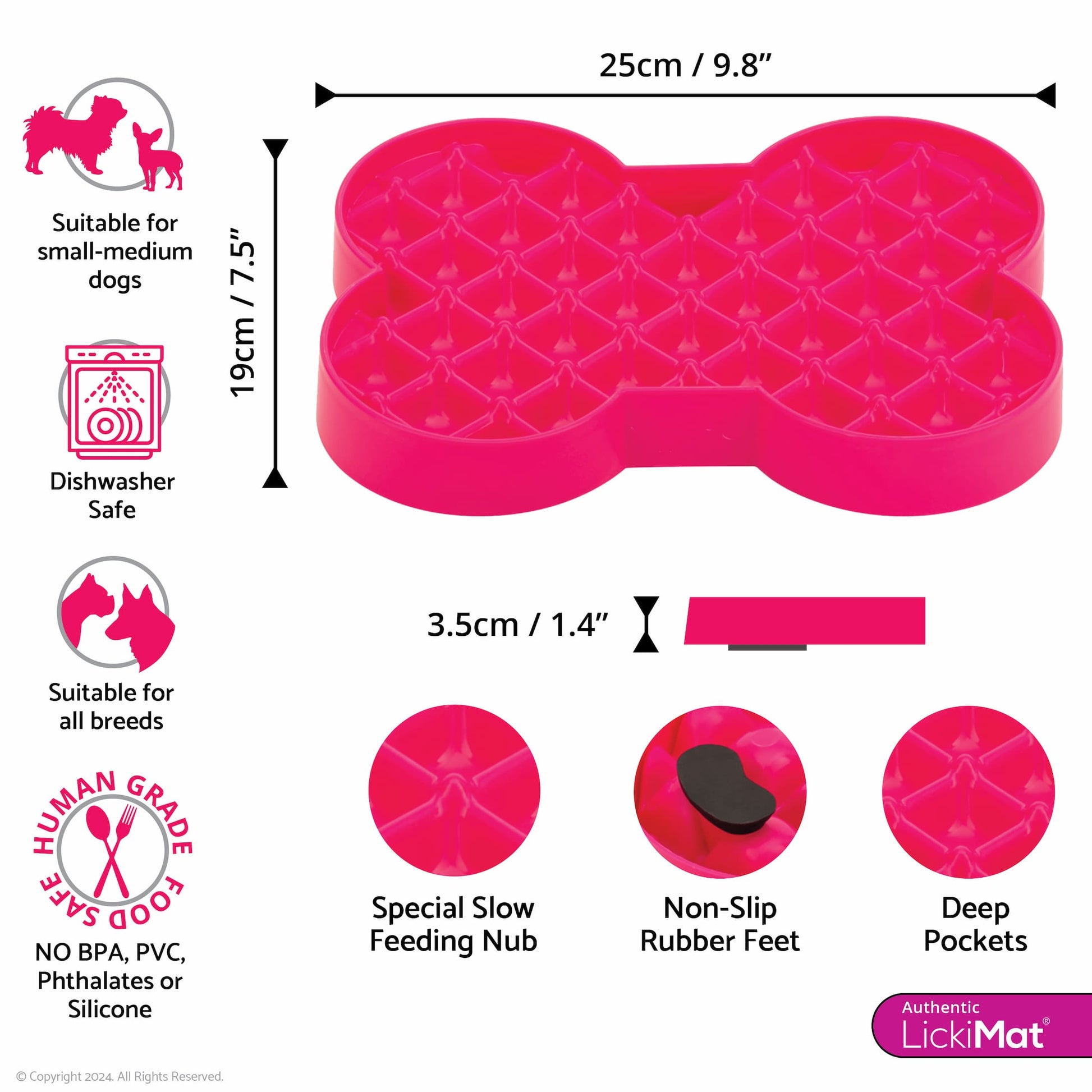 Pink LickiMat® Slodog™ – Innovative Slow Feeder for Dogs, Anti-Gulp (measurements) on white background