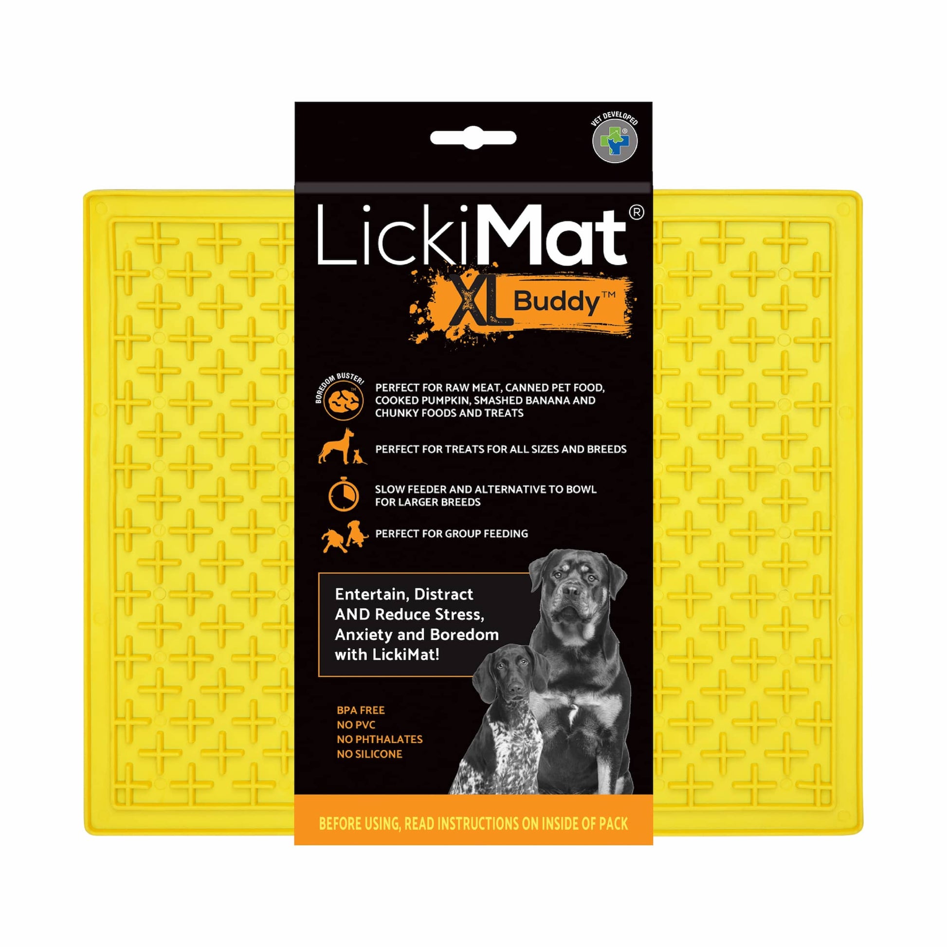 Yellow LickiMat® Classic Buddy™ XL – Slow Feeder Lick Mat for Dogs (label) on white background