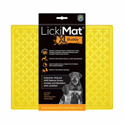 Yellow LickiMat® Classic Buddy™ XL – Slow Feeder Lick Mat for Dogs (label) on white background