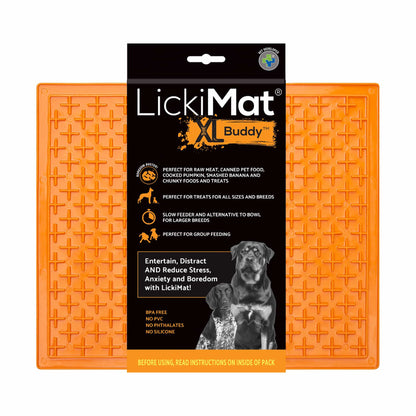 Orange LickiMat® Classic Buddy™ XL – Slow Feeder Lick Mat for Dogs (label) on white background