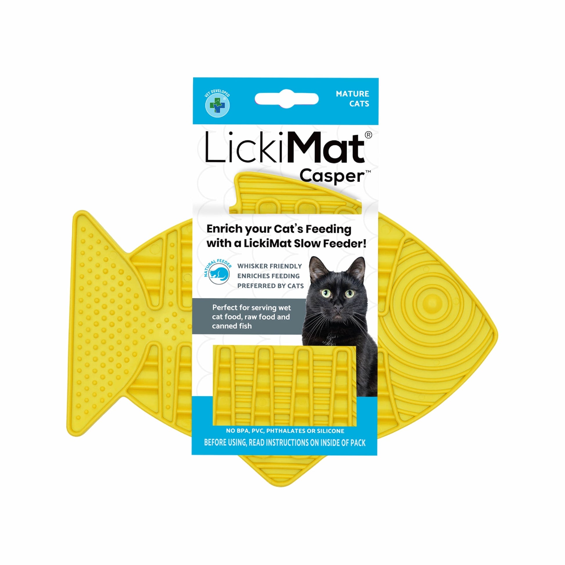 Yellow LickiMat® Casper™ – Slow Feeder Lick Mat for Cats (label) on white background 