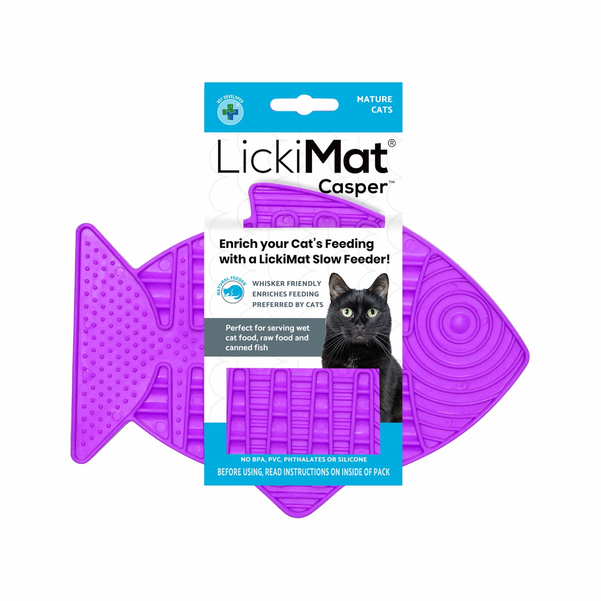 Purple LickiMat® Casper™ – Slow Feeder Lick Mat for Cats (label) on white background 