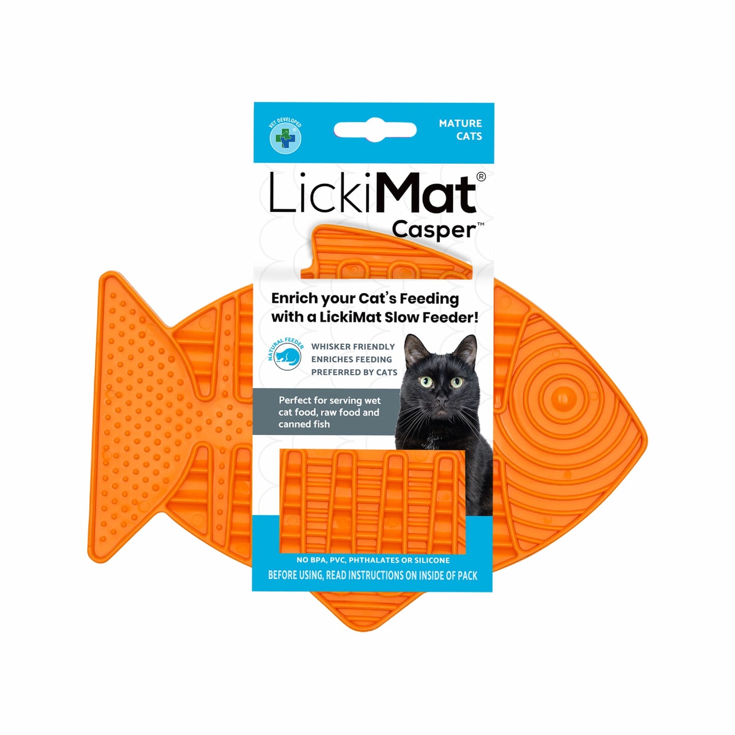 Orange LickiMat® Casper™ – Slow Feeder Lick Mat for Cats (label) on white background 