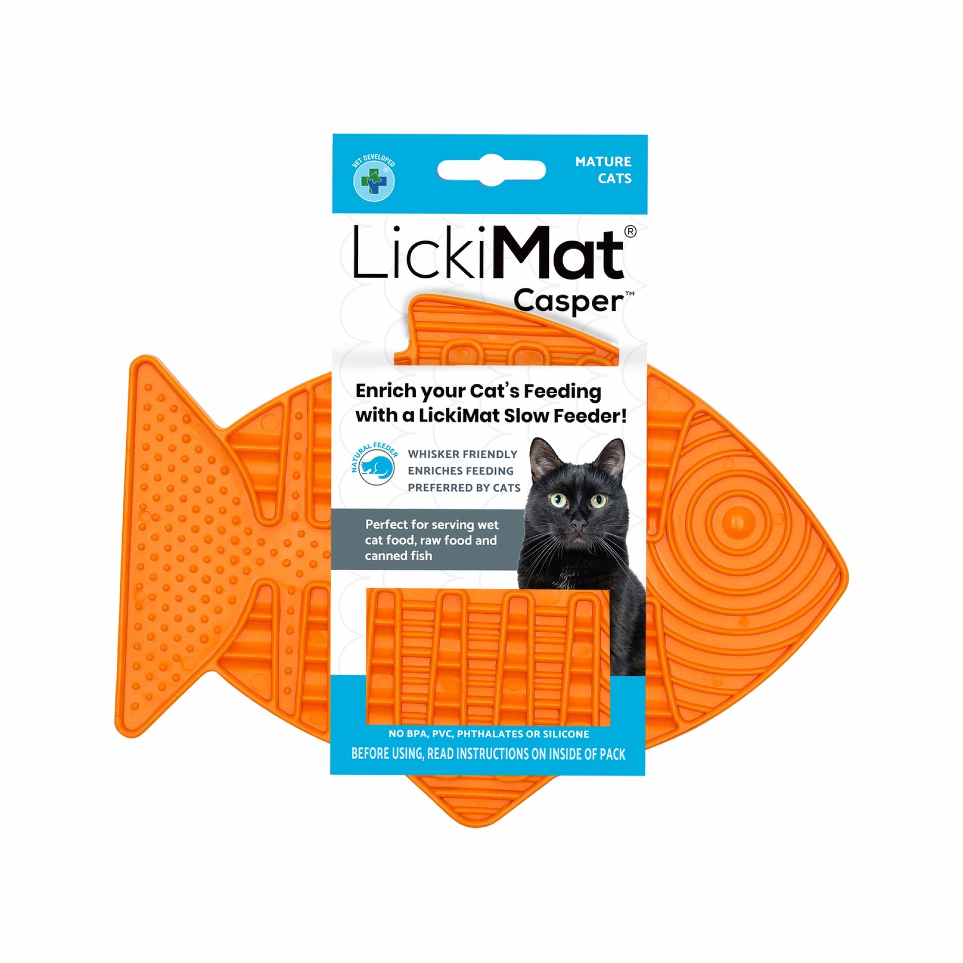 Orange LickiMat® Casper™ – Slow Feeder Lick Mat for Cats (label) on white background 