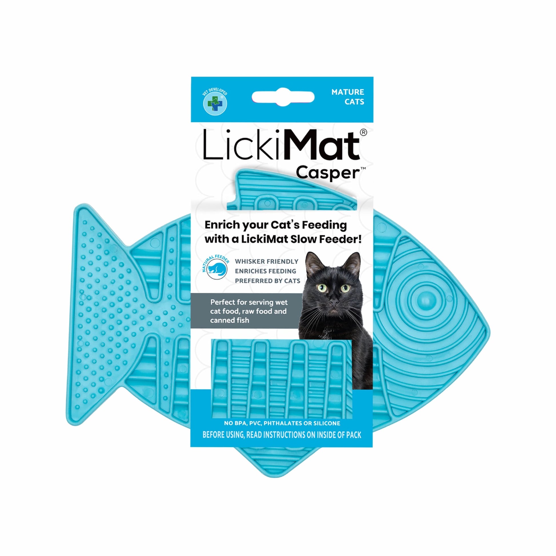 Turquoise LickiMat® Casper™ – Slow Feeder Lick Mat for Cats (label) on white background 