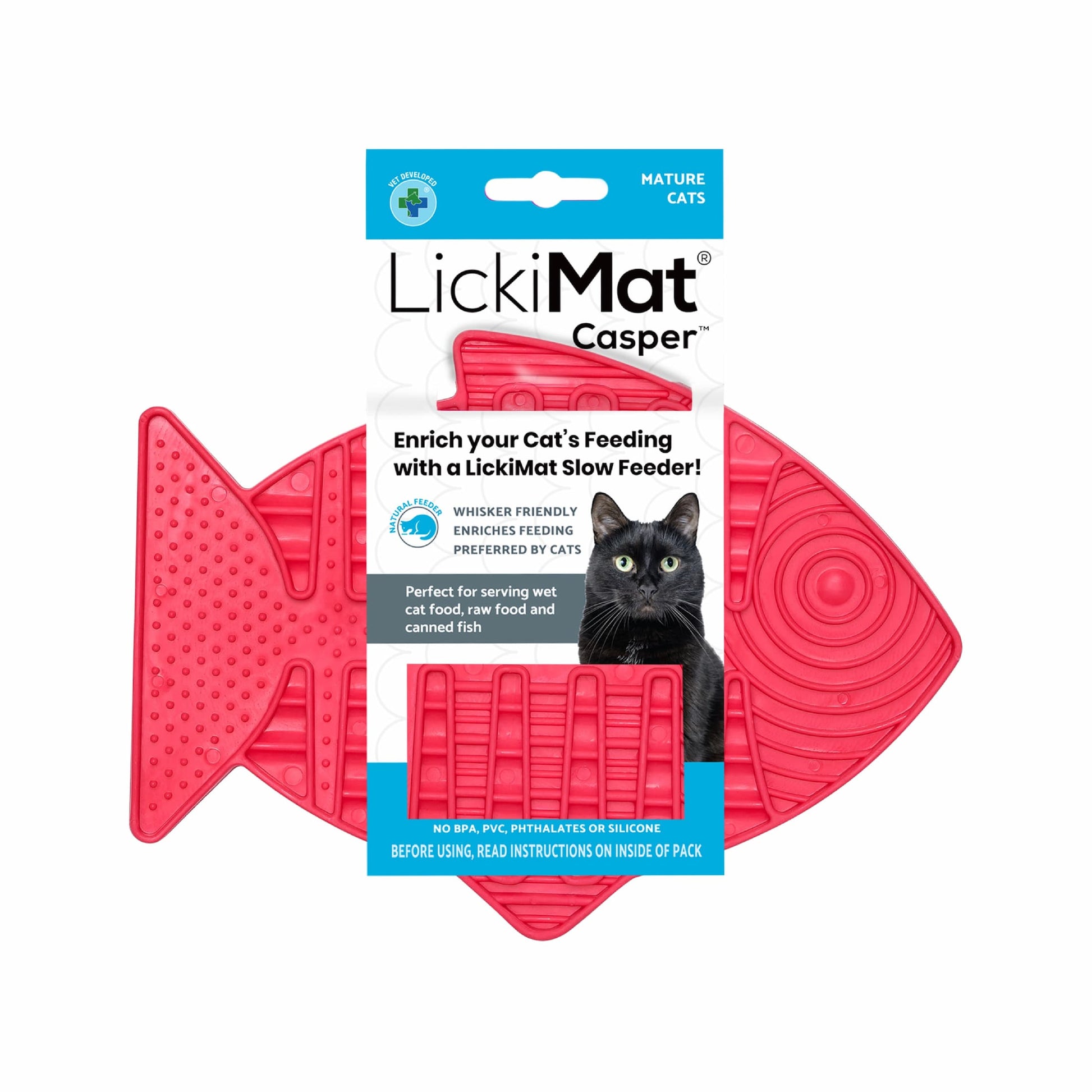 Pink LickiMat® Casper™ – Slow Feeder Lick Mat for Cats (label) on white background 