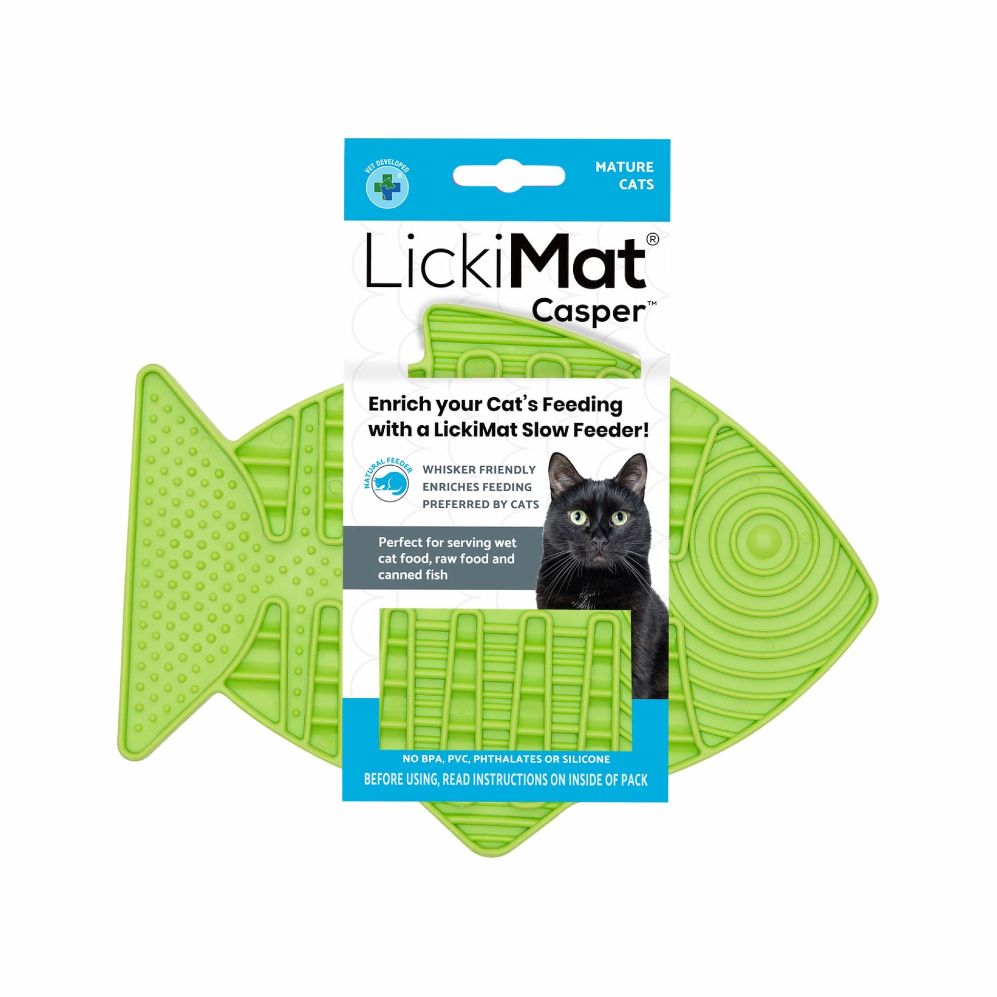 Green LickiMat® Casper™ – Slow Feeder Lick Mat for Cats (label) on white background 