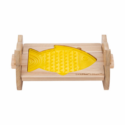 LickiMat® Cat Riser™ – Elevated Cat Feeding Stand with yellow Felix™ with cat edges on White Background