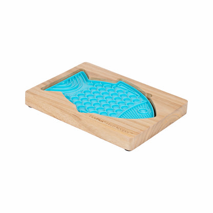 LickiMat Wooden Keeper with turquoise Felix lick mat on white background