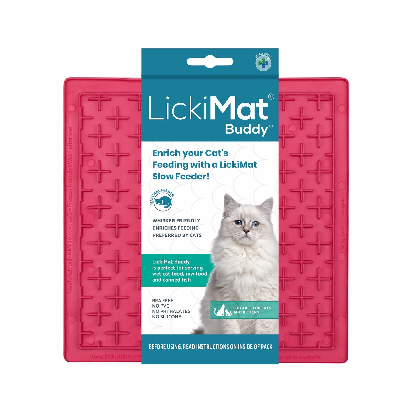 Pink LickiMat® Buddy™ for Cats – The Original Slow Feeder Lick Mat (label) on white background