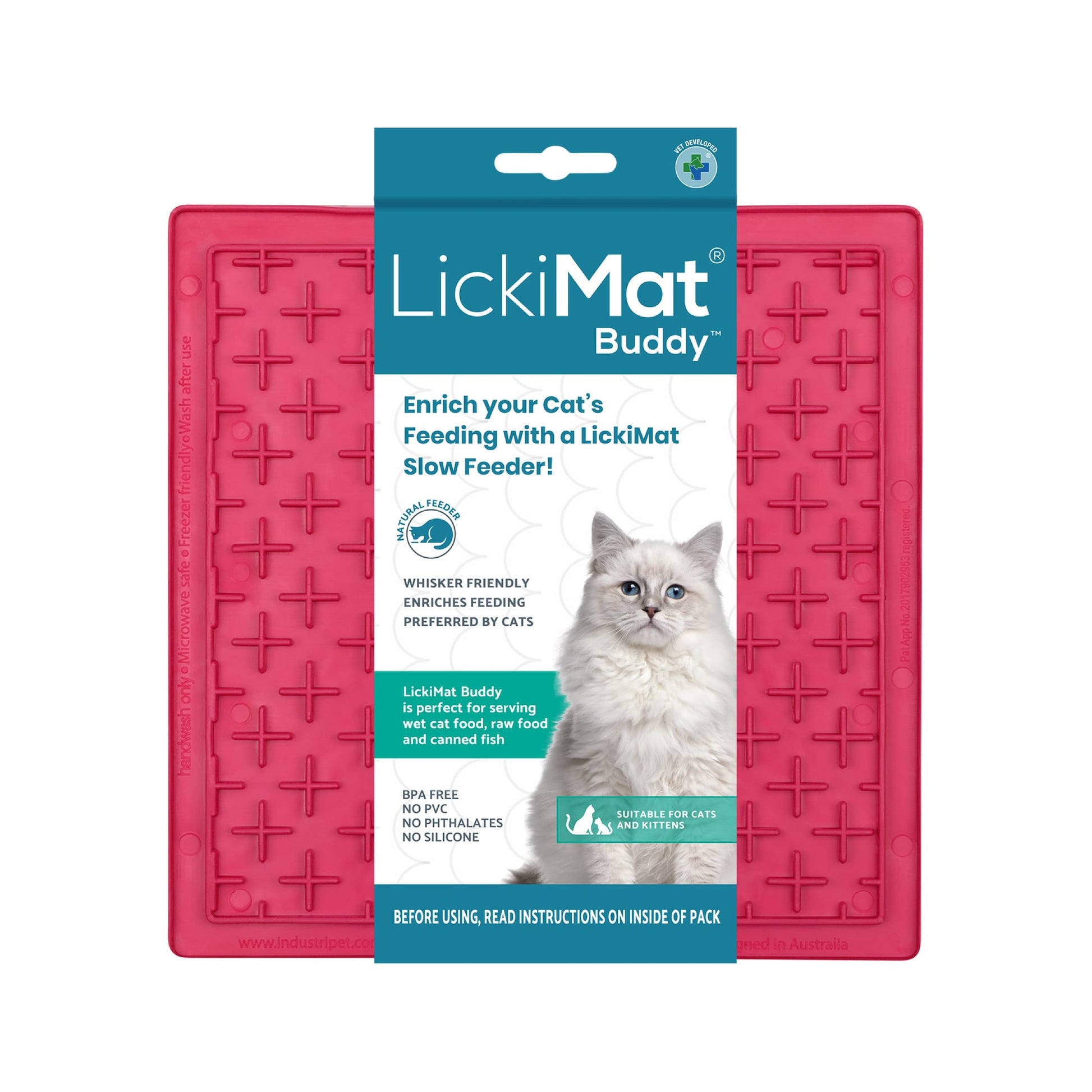 Pink LickiMat® Buddy™ for Cats – The Original Slow Feeder Lick Mat (label) on white background