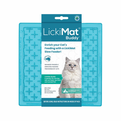 Turquoise LickiMat® Buddy™ for Cats – The Original Slow Feeder Lick Mat (label) on white background