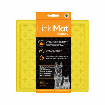 Yellow LickiMat® Classic Buddy™ – Original Slow Feeder Lick Mat for Dogs (label) on a white background