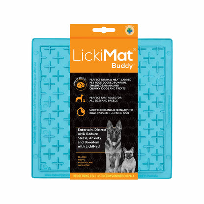 Turquoise LickiMat® Classic Buddy™ – Original Slow Feeder Lick Mat for Dogs (label) on a white background