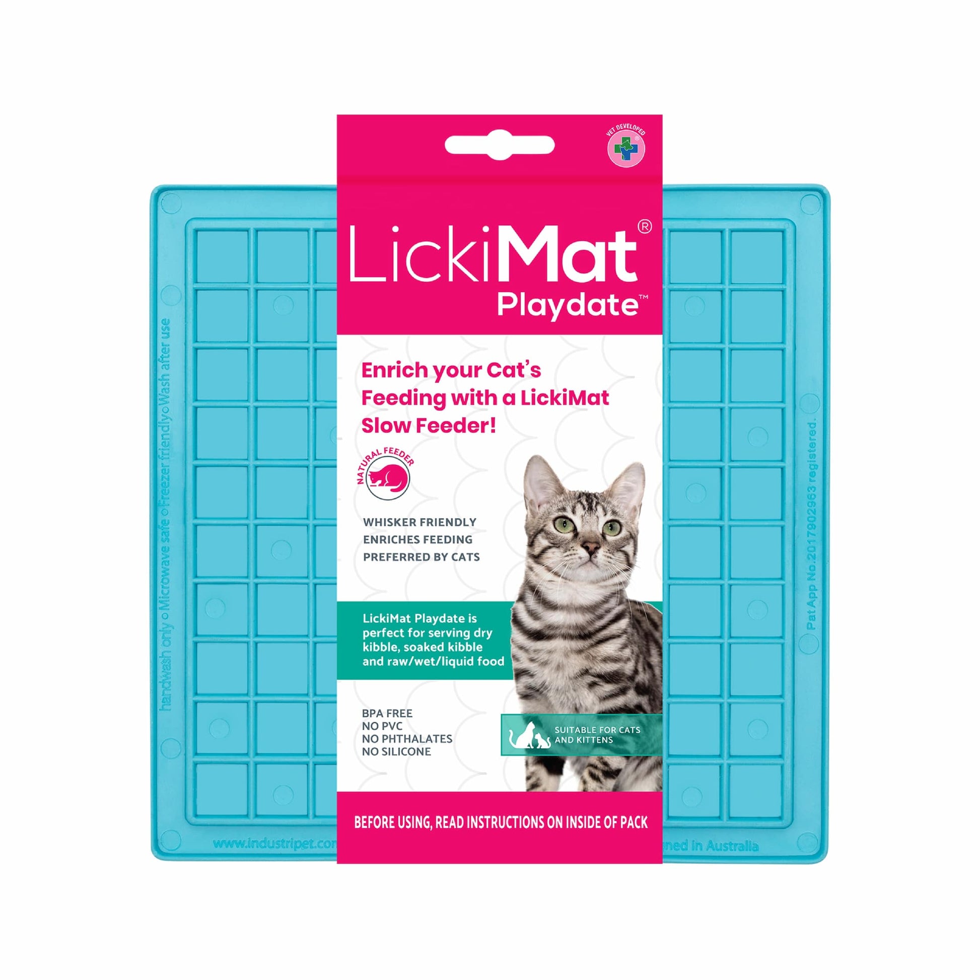 Turquoise LickiMat® Classic Playdate™ for Cats – The Original Slow Feeder Lick Mat (label) on white background