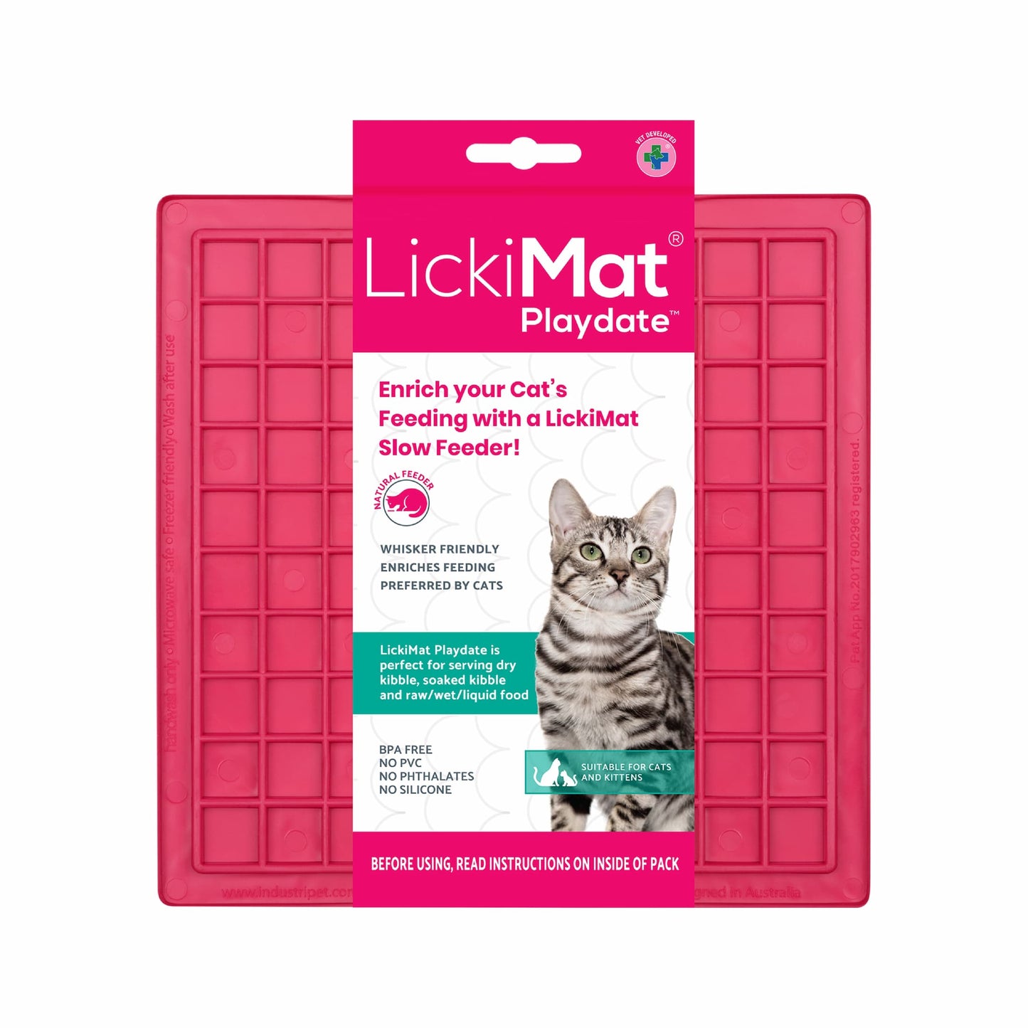 Pink LickiMat® Classic Playdate™ for Cats – The Original Slow Feeder Lick Mat (label) on white background