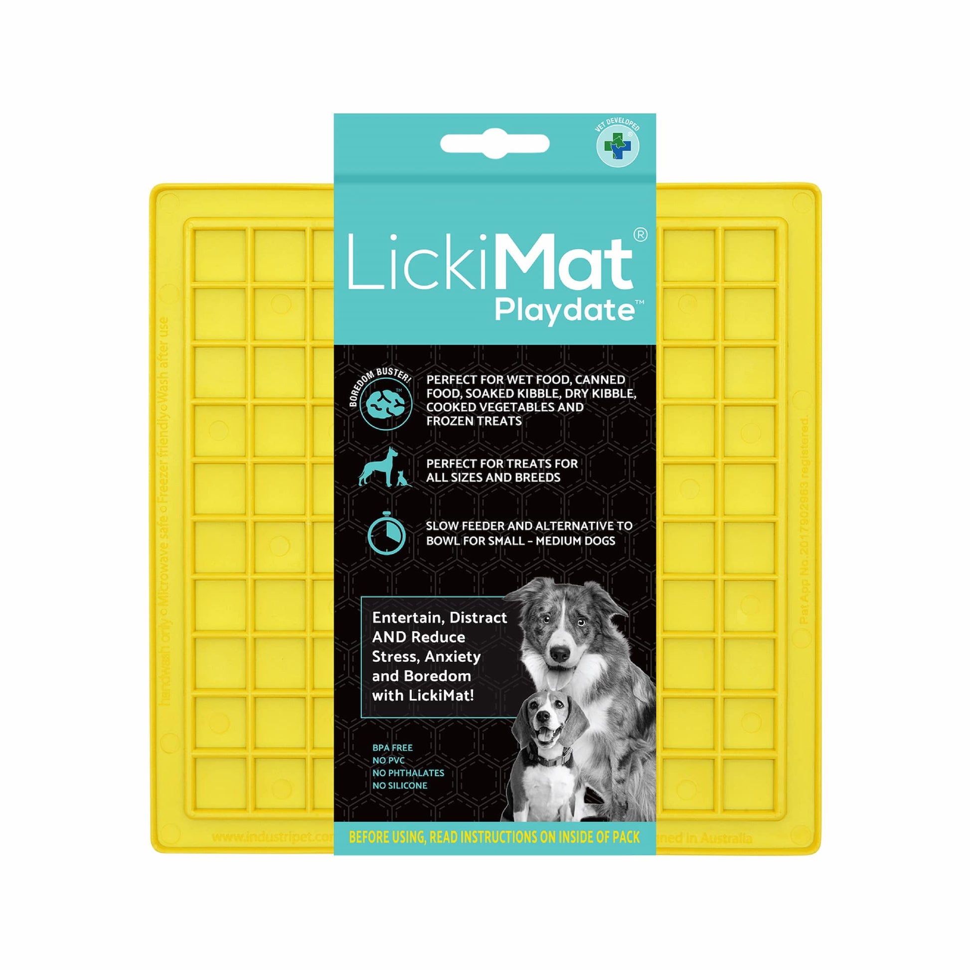Yellow LickiMat Classic Playdate™ – Original Slow Feeder Lick Mat for Dogs (label) on white background