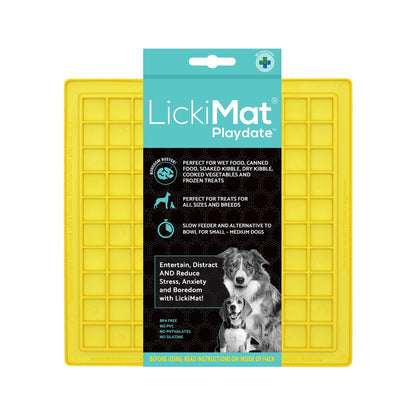 Yellow LickiMat Classic Playdate™ – Original Slow Feeder Lick Mat for Dogs (label) on white background