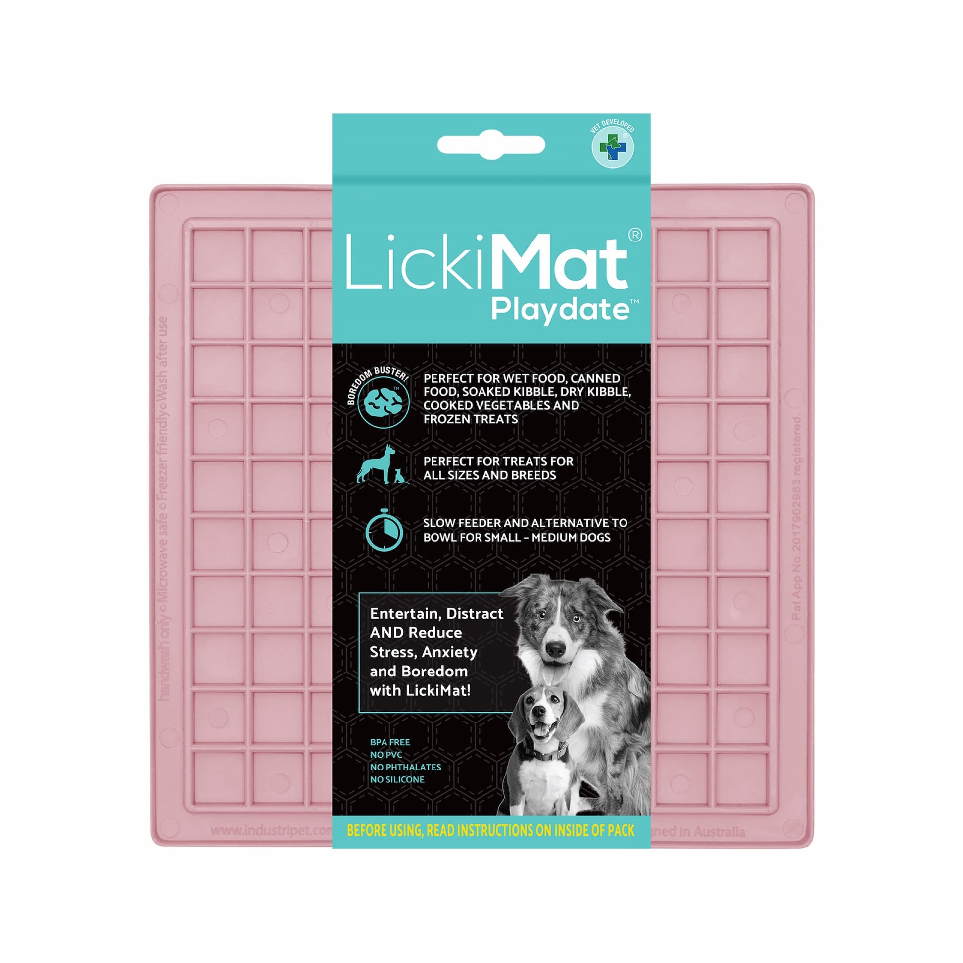 Guava LickiMat Classic Playdate™ – Original Slow Feeder Lick Mat for Dogs (label) on white background