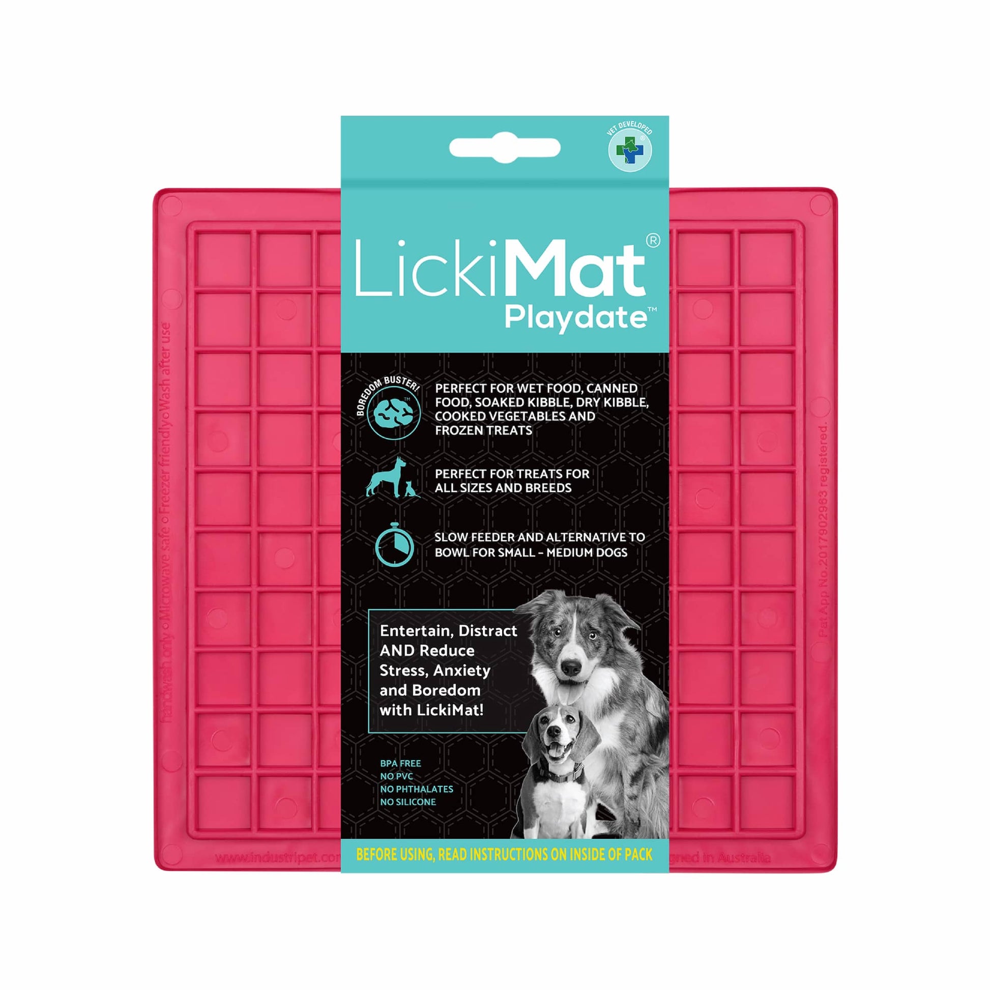 Pink LickiMat Classic Playdate™ – Original Slow Feeder Lick Mat for Dogs (label) on white background