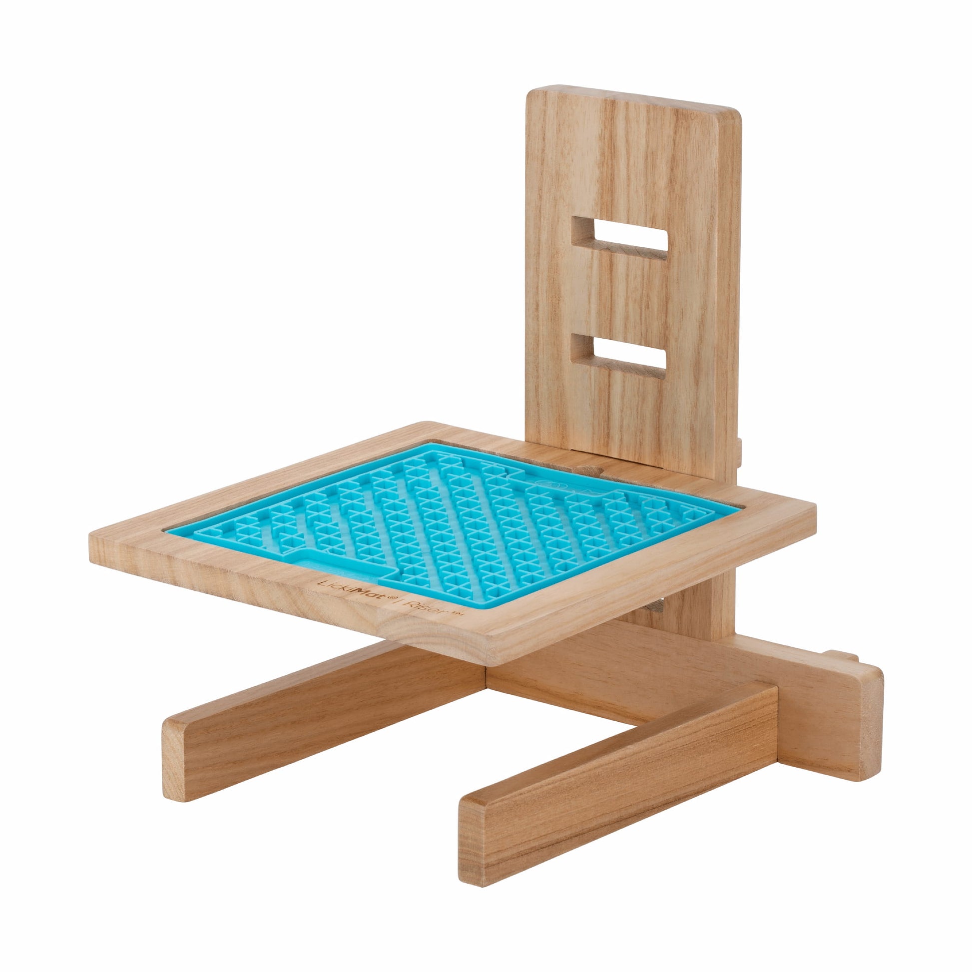 LickiMat® Classic Riser™ – Adjustable Elevated Feeder for Dogs (front) with turquoise buddy on white background