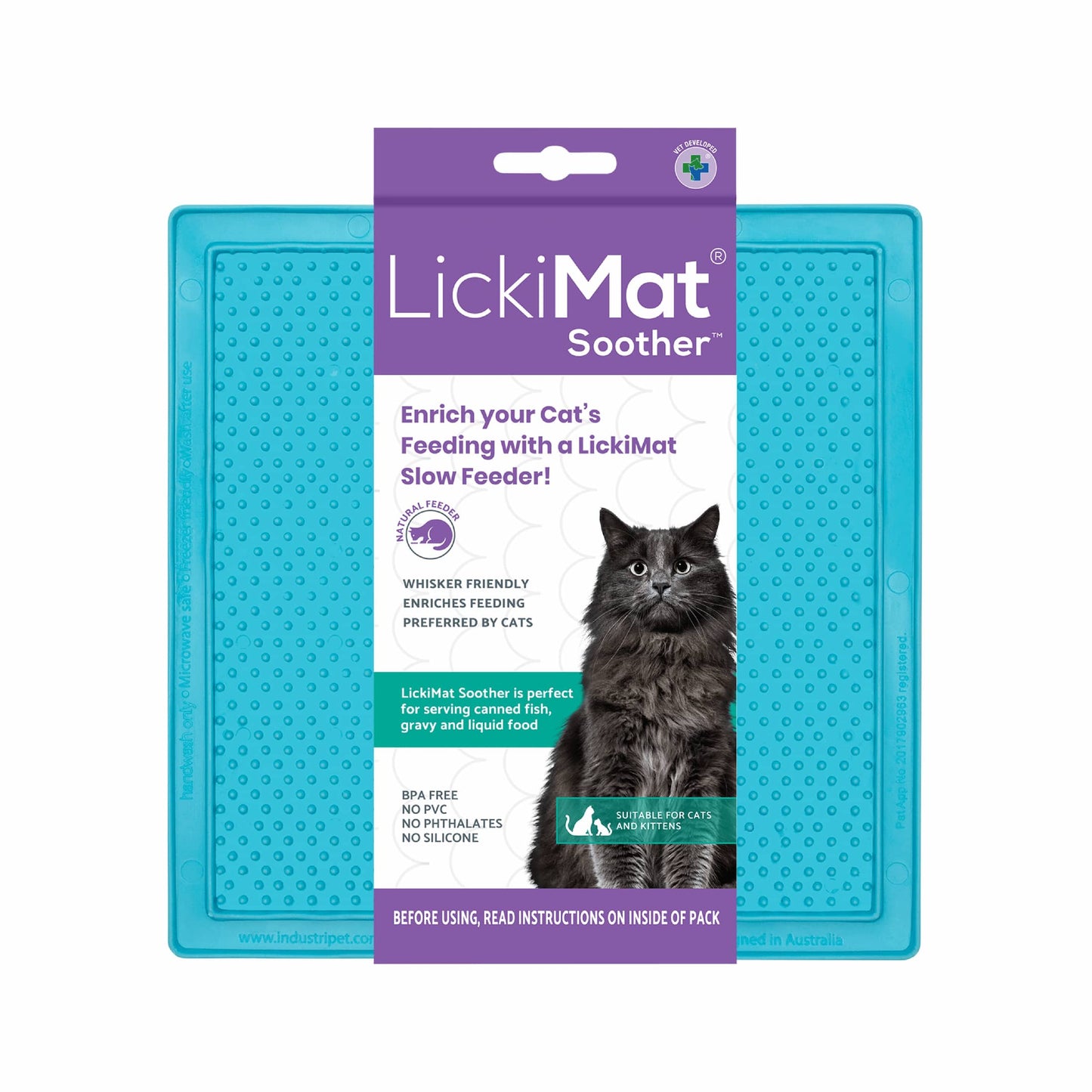 Turquoise LickiMat® Cat Soother™ for Cats – The Original Slow Feeder Lick Mat (label) on white background