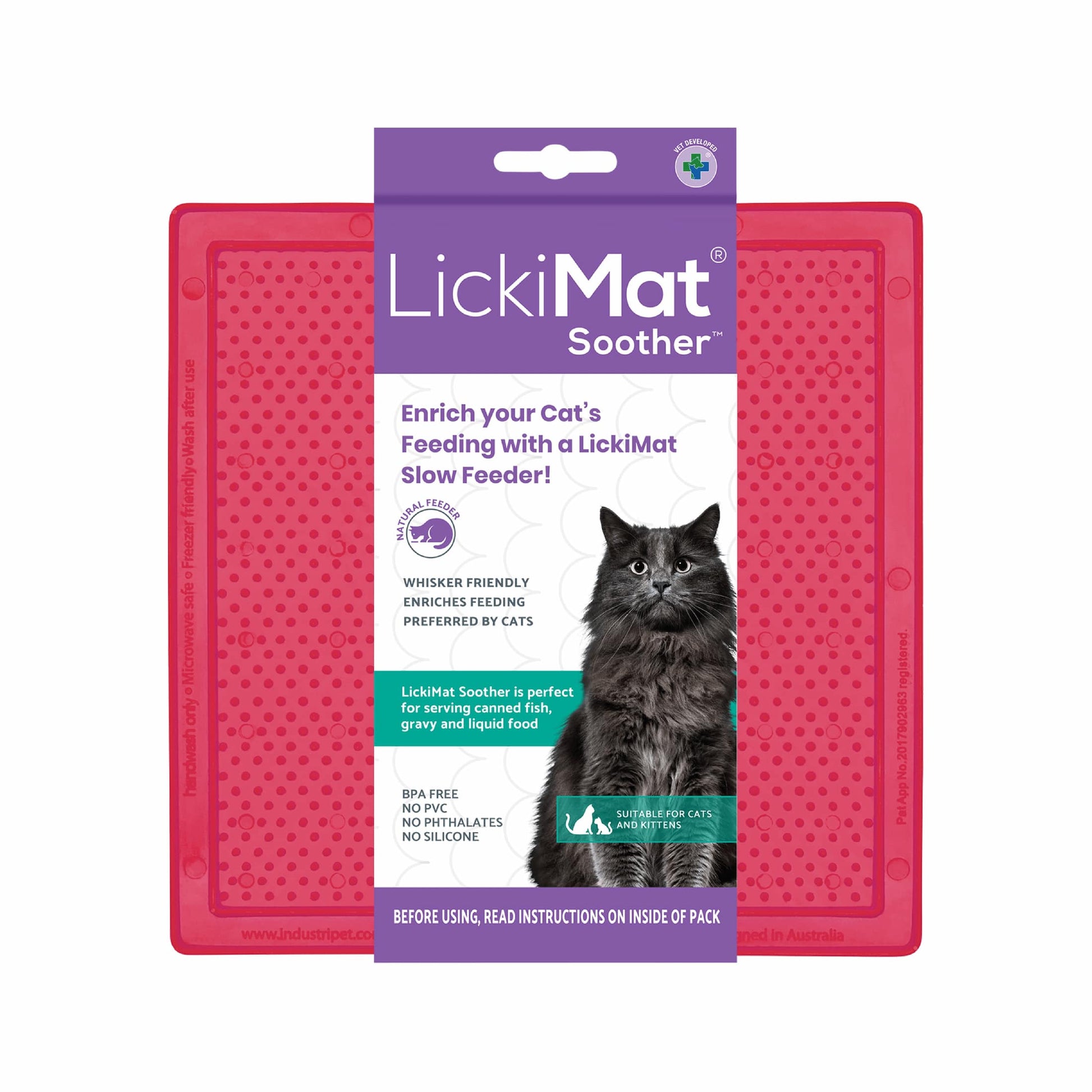 Pink LickiMat® Cat Soother™ for Cats – The Original Slow Feeder Lick Mat (label) on white background