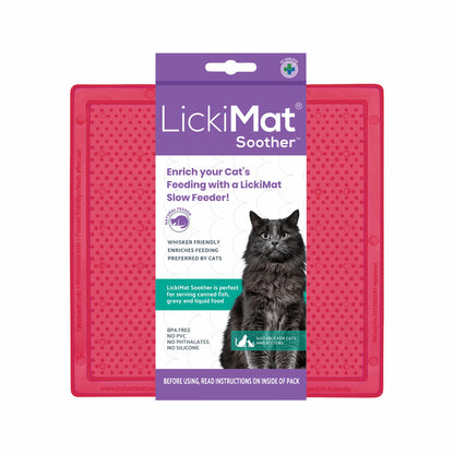 Pink LickiMat® Cat Soother™ for Cats – The Original Slow Feeder Lick Mat (label) on white background