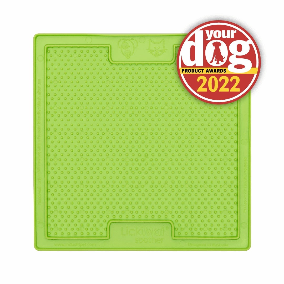 Green LickiMat® Classic Soother™ – Original Slow Feeder Lick Mat for Dogs (front) on a white background