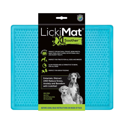 Turquoise LickiMat® Classic Soother™ XL – Slow Feeder Lick Mat for Dogs (label) on a white background