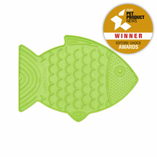 Green LickiMat® Felix™ – Fish Shaped Slow Feeder Lick Mat for Cats (front) on white background