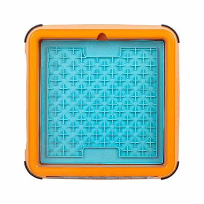 Orange LickiMat® Keeper™ – Non-Slip Holder & Dog Bowl for LickiMats® (front) with turquoise buddy on white background