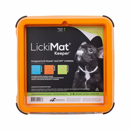 Orange LickiMat® Keeper™ – Non-Slip Holder & Dog Bowl for LickiMats® (front-label) on white background