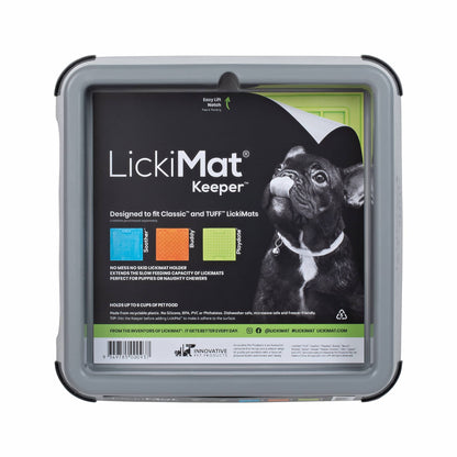 Grey LickiMat® Keeper™ – Non-Slip Holder & Dog Bowl for LickiMats® (front-label) on white background