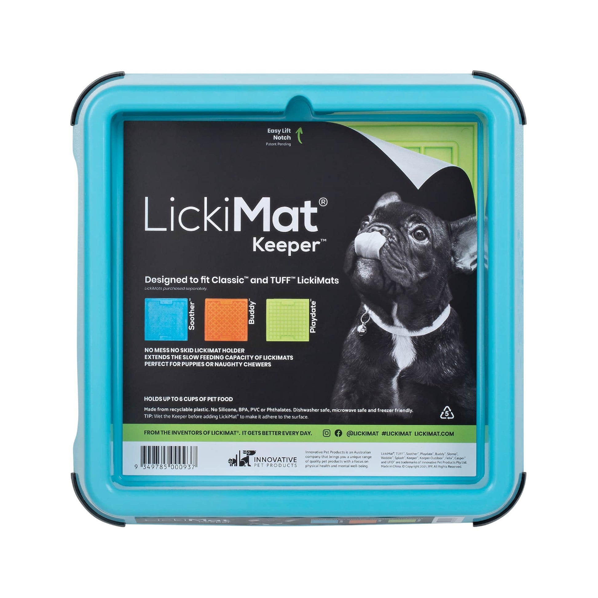 Turquoise LickiMat® Keeper™ – Non-Slip Holder & Dog Bowl for LickiMats® (front-label) on white background