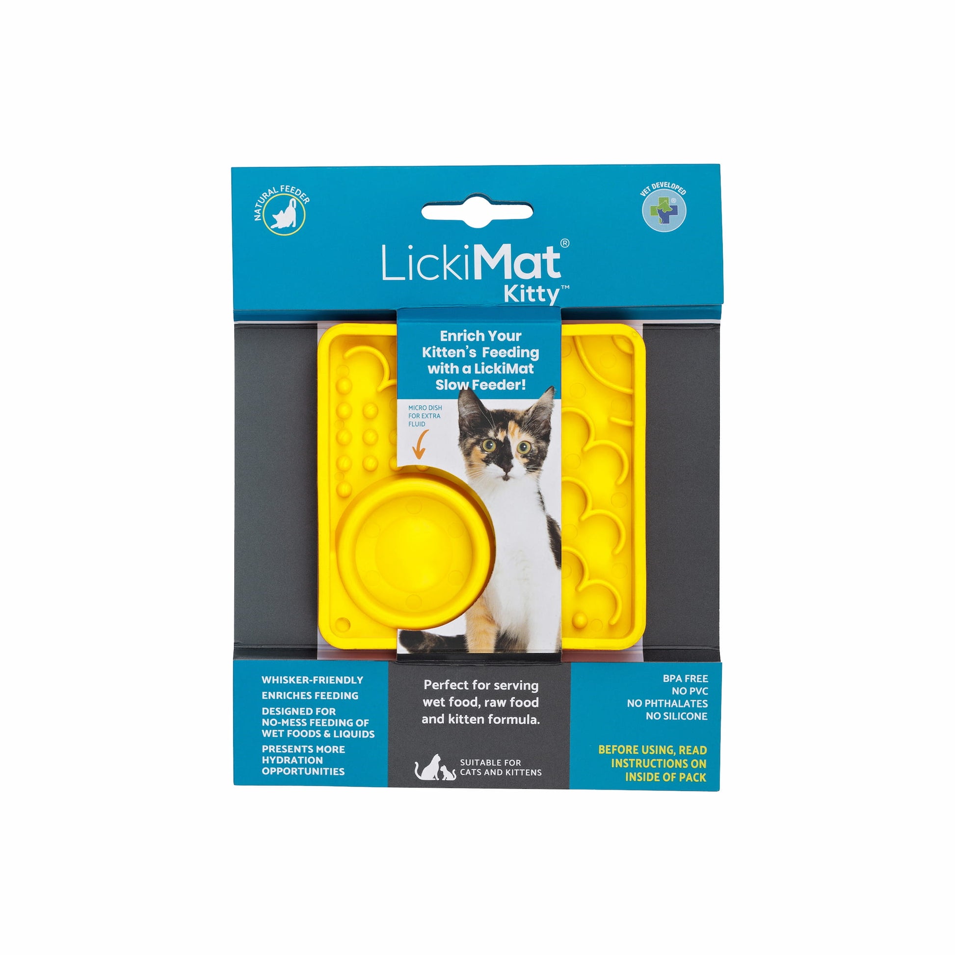 Yellow LickiMat Kitty™ – Slow Feeder Lick Mat with Hydration Well for Cats (label) on white background