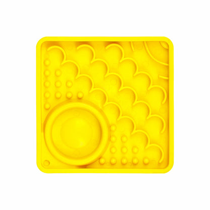 Yellow LickiMat Kitty™ – Slow Feeder Lick Mat with Hydration Well for Cats (front) on white background