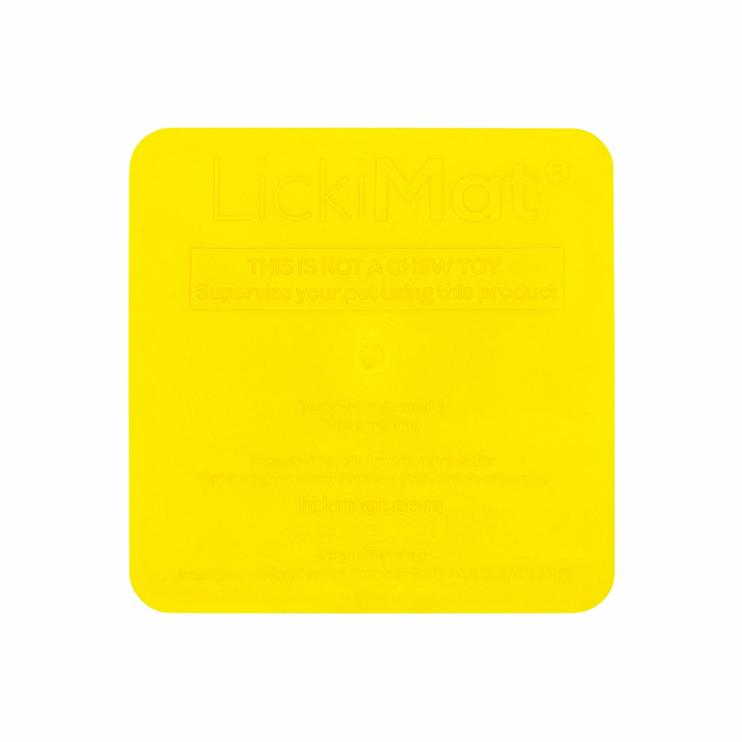 Yellow LickiMat Kitty™ – Slow Feeder Lick Mat with Hydration Well for Cats (rear) on white background