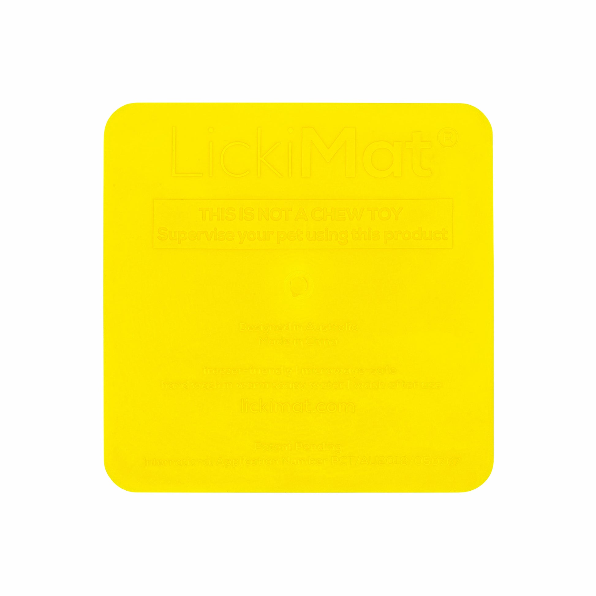 Yellow LickiMat Kitty™ – Slow Feeder Lick Mat with Hydration Well for Cats (rear) on white background