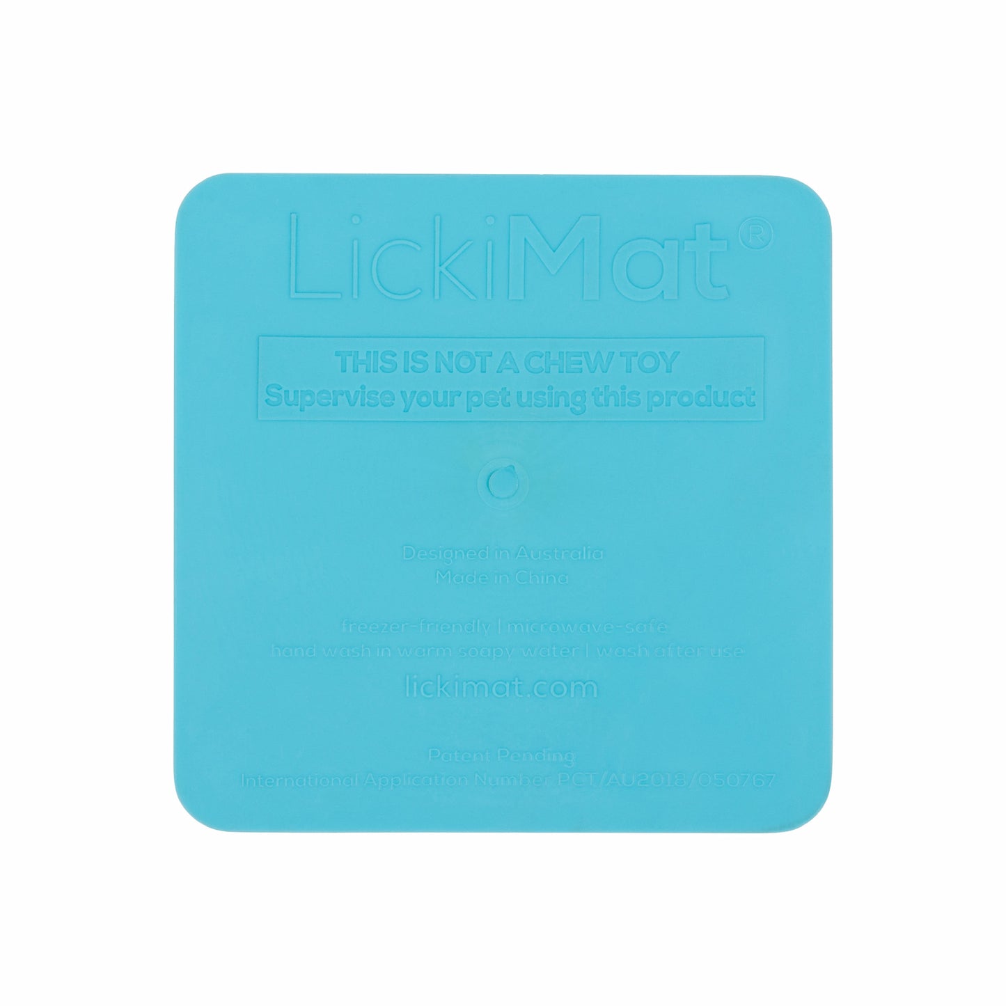 Turquoise LickiMat Kitty™ – Slow Feeder Lick Mat with Hydration Well for Cats (rear) on white background
